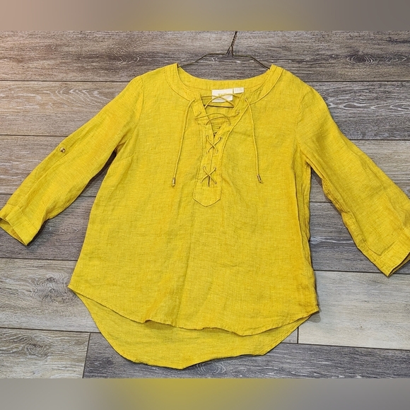 Maeve Anthropologie Blouse Womens 2 Marva Lace-Up Linen Gold Yellow Roll Tabs - Picture 2 of 7
